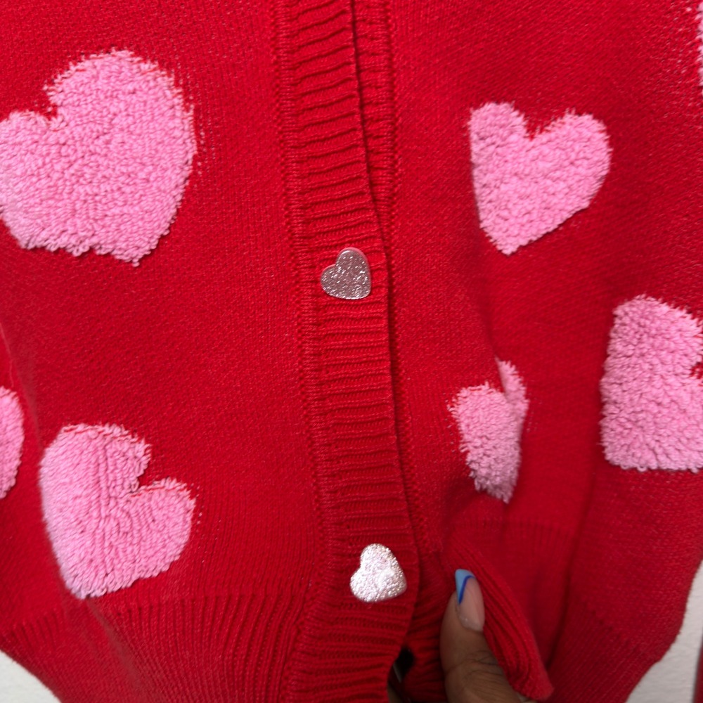 33 Degrees Women Cardigan Sweater Medium Red Pink Fuzzy‎ Heart Preppy Novelty - Picture 6 of 9
